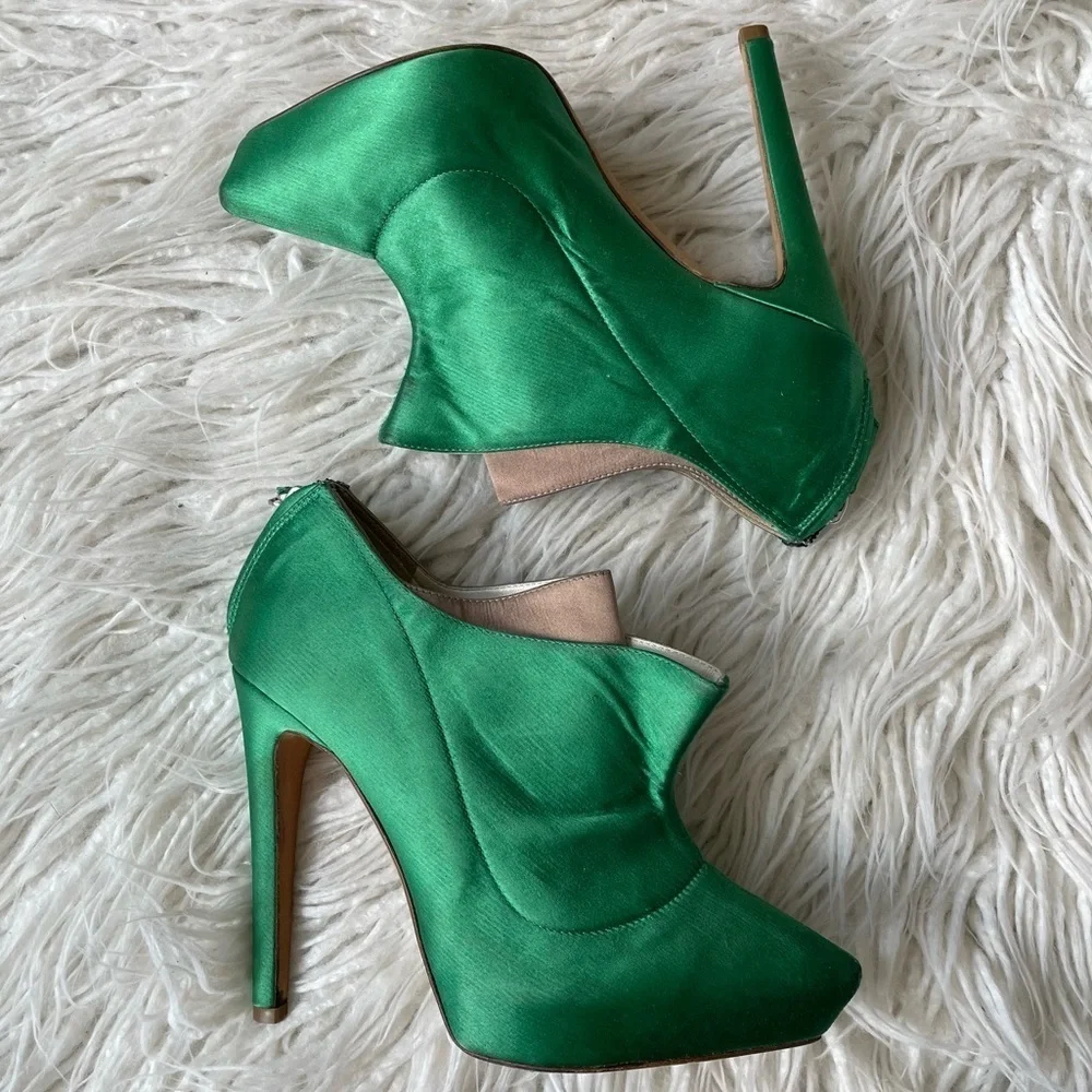 Rupert Sanderson Green Satin Platform Stiletto Kit Kat Ankle Boots Size 36.5